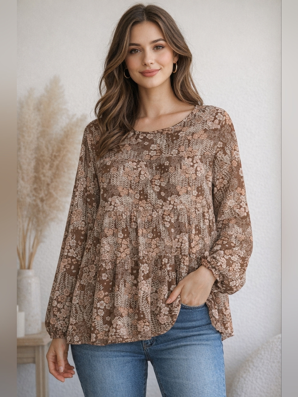 Boho Floral Blouse XL Neutral Chic Work to Weekend Top
